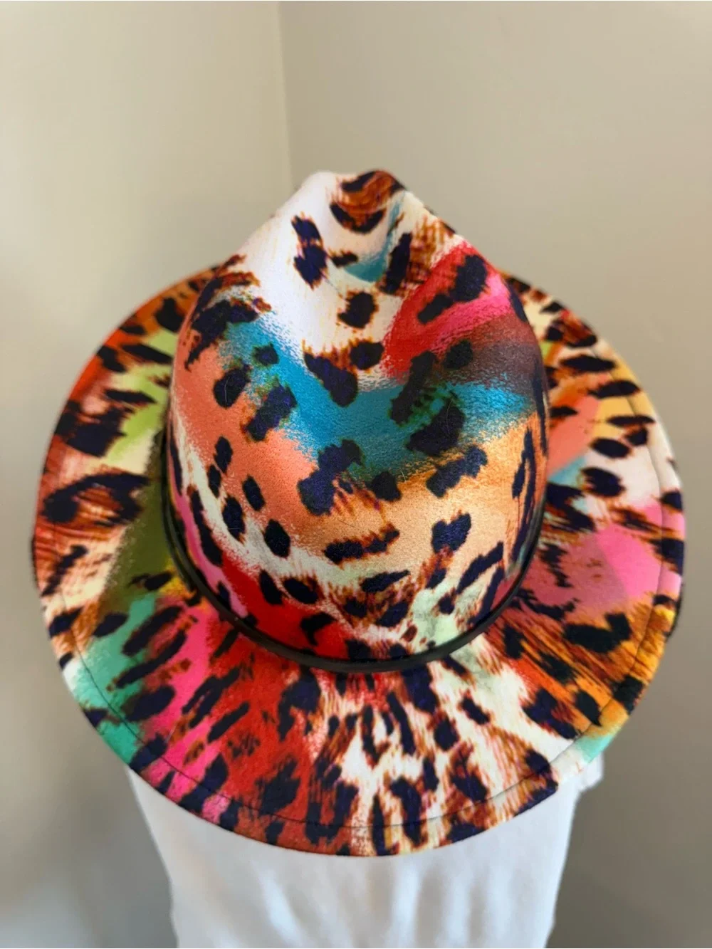 Multicolor Leopard Print Fedora Hat Adjustable Wide Brim Boho Festival One Size